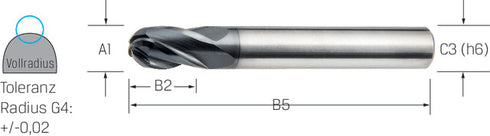 Solid Carbide Full Radius Cutter VHM PREMUS, short, AlTiN