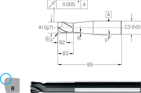Torusfräser PREMUS, VHM lang extra lang mit Eckenradius bis 62HRC TiAlN
