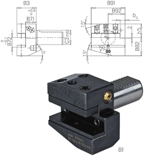 Werkzeughalter PRETEC, DIN 69880, Vierkant-Queraufnahme radial rechts kurz Form B1