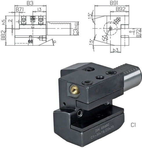 Werkzeughalter PRETEC, DIN 69880 Vierkant-Längsaufnahme, Axial rechts Form C1