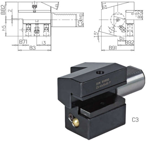Werkzeughalter PRETEC, DIN 69880 Vierkant-Längsaufnahme, Axial Überkopf rechts Form C3