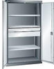 Flügeltürenschrank LISTA,  B1100xT641xH1950mm RAL 7035,Vollblechtür 3 Böden,2 Schubladen