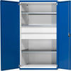 Schwerlastschrank ANKE,  B1085xT690xH1950mm RAL7035/5010 o.Mittelwand3Böden,2Schubladen 200kg