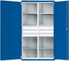 Schwerlastschrank ANKE,  B1085xT630xH1950mm RAL7035/5010 m.Mittelwand6Böden,6Schubladen 100kg